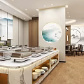 Modern Chinese Style Private Dining Room Featuring Marble Counter Table Landscape Paintings And Wooden Floor