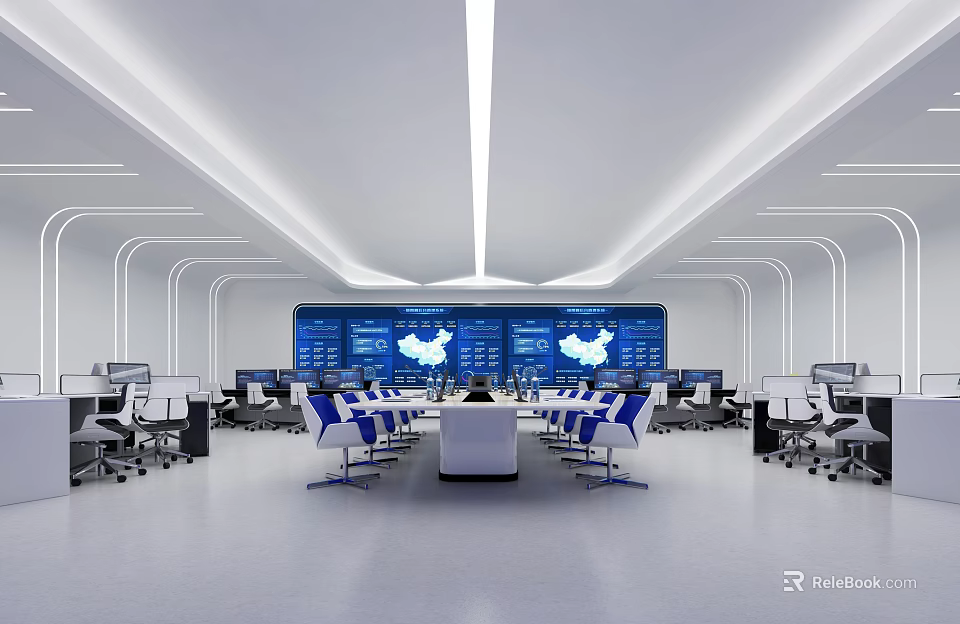 Modern Control Room With Large Map Screens Workstations And Blue Chairs 3d model 