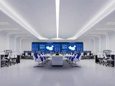 Modern Control Room With Large Map Screens Workstations And Blue Chairs 3d model