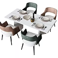 Modern White Dining Table Set with Four Gray Brown Chairs Plates and Utensils 3d model