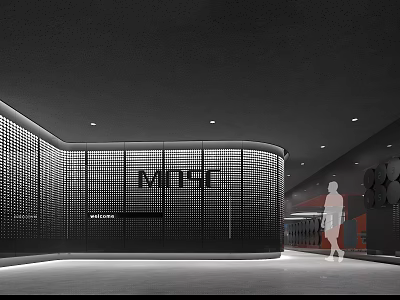 Modern Front Desk Reception Area Design With Grid Pattern Wall And MOSC Logo 3d model