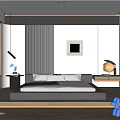 Modern Bedroom Interior With Platform Bed Framed Artwork Pendant Lighting And Wooden Floor