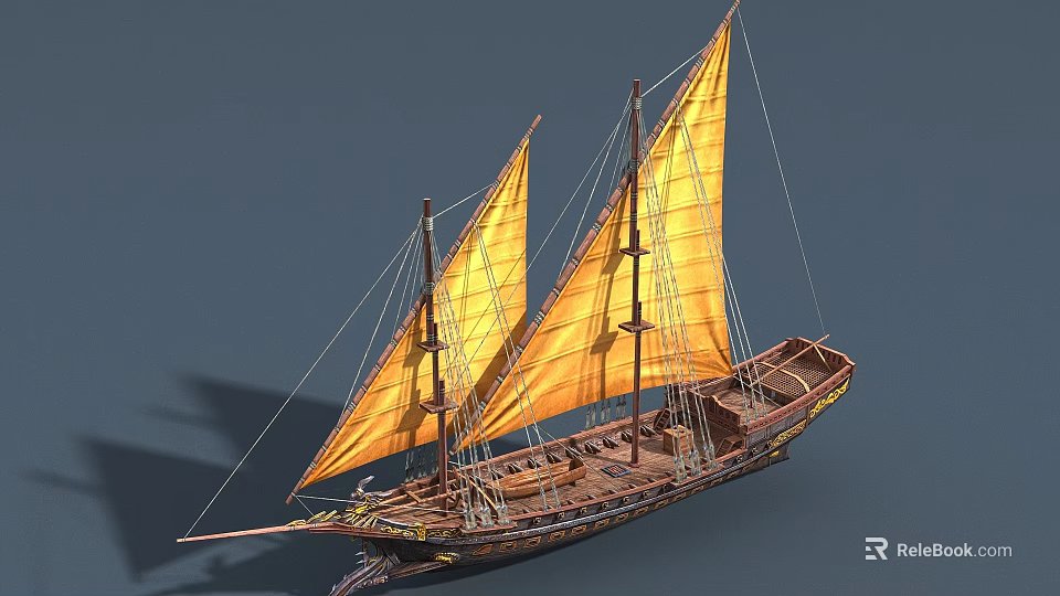 Traditional Wooden Boat With Yellow Sails Two Masts And Decorative Hull Details 3d model 