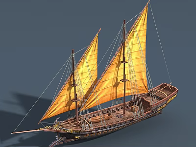 Traditional Wooden Boat With Yellow Sails Two Masts And Decorative Hull Details 3d model