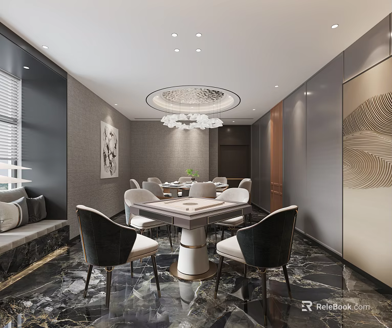 Luxurious Hotel Mahjong Room Interior Design with Round Table Comfortable Chairs And Crystal Chandelier 3d model 