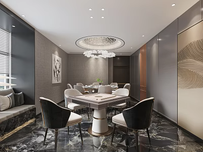 Luxurious Hotel Mahjong Room Interior Design with Round Table Comfortable Chairs And Crystal Chandelier 3d model