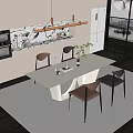 Modern Open Kitchen Interior With White Dining Table And Brown Black Chairs Marble Backsplash 3d model