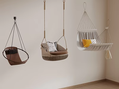 Stylish Indoor Hanging Chairs In Different Styles With Woven Designs And Cushions 3d model