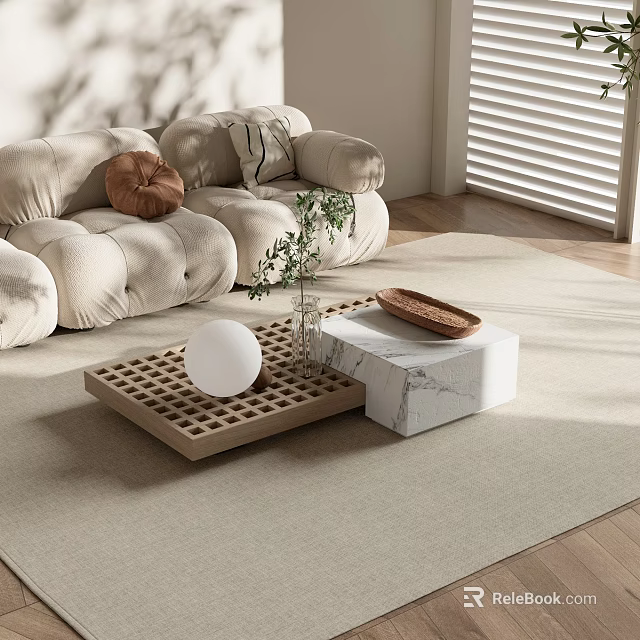 Wooden Lattice And Marble Coffee Table With Green Plant Tray On Light Rug 3d model 