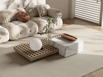 Wooden Lattice And Marble Coffee Table With Green Plant Tray On Light Rug 3d model