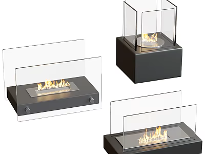 Modern Indoor Fireplace Designs With Glass Panels And Square Base Flames 3d model