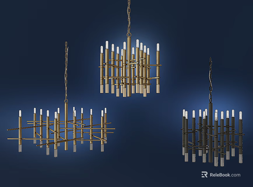 Modern Geometric Metal Chandeliers With Multiple Light Rods On Dark Background 3d model 