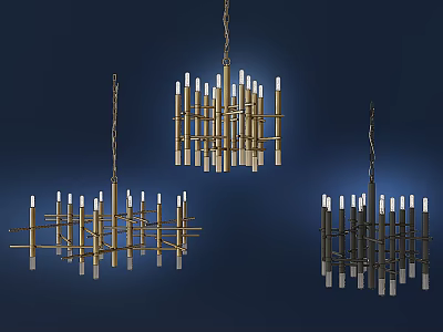 Modern Geometric Metal Chandeliers With Multiple Light Rods On Dark Background 3d model