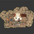 Wooden Work Desk With Camel Figurine Stone Decorations Clay Pots Drawers Rug And Hay