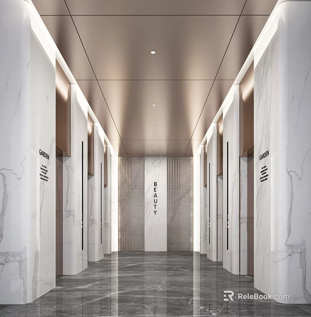 Modern Elevator Hall With Marble Walls And Ceiling Lights 3d model