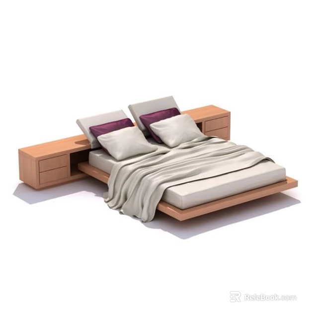 Modern Wooden Double Bed With Matching Nightstands Soft Pillows And Light Blanket 3d model 