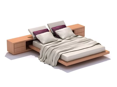 Modern Wooden Double Bed With Matching Nightstands Soft Pillows And Light Blanket 3d model