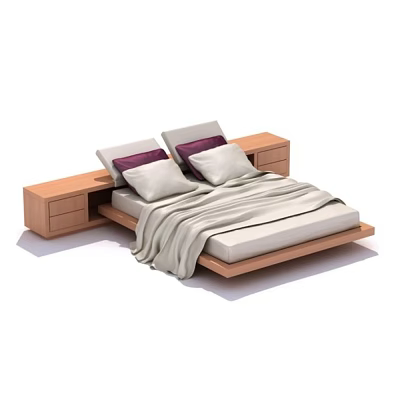 Modern Wooden Double Bed With Matching Nightstands Soft Pillows And Light Blanket 3d model