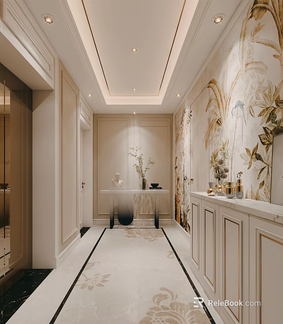 Elegant Entryway Hallway Interior Design With Wall Art Vase Cabinet And Decorative Lighting 3d model 