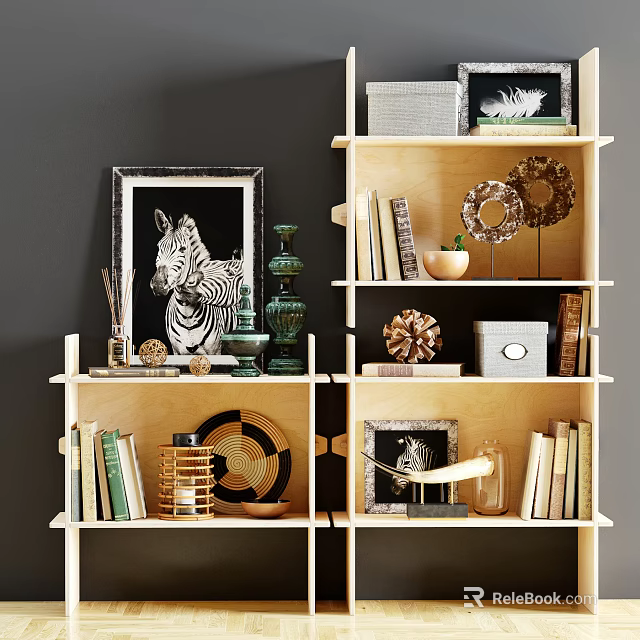 Modern Wooden Bookshelf Interior With Books Picture Frames And Decorative Ornaments 3d model 