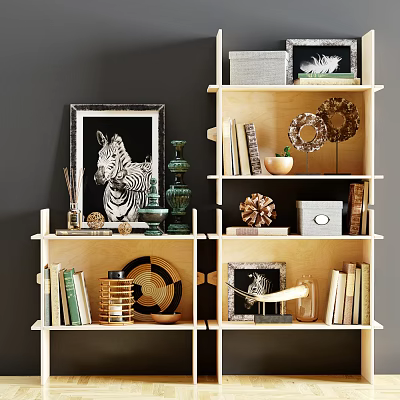 Modern Wooden Bookshelf Interior With Books Picture Frames And Decorative Ornaments 3d model