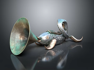 Antique Bronze Fish Shaped Horn Instrument With Green Patina And Scale Texture 3d model