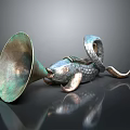 Antique Bronze Fish Shaped Horn Instrument With Green Patina And Scale Texture