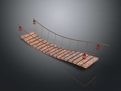 Traditional Wooden Suspension Bridge With Curved Design Rope Railings And Red Lanterns 3d model