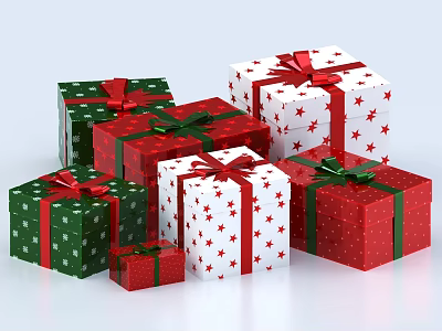 Colorful Gift Boxes With Red Green Star Patterns And Decorative Bows 3d model