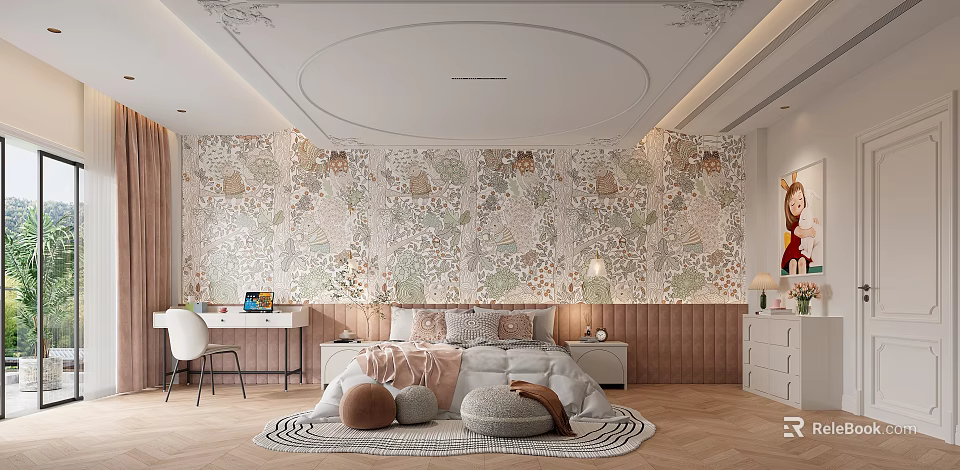 Kids Room Interior With Round Ceiling Floral Wallpaper Pink Bed Rug Desk And Storage Cabinet 3d model 