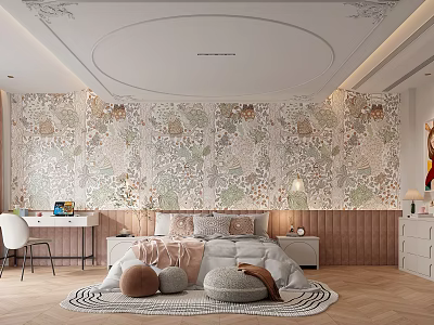 Kids Room Interior With Round Ceiling Floral Wallpaper Pink Bed Rug Desk And Storage Cabinet 3d model