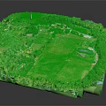 Cartoon Scene of Green Park with Lush Trees Open Grassland and Small Buildings