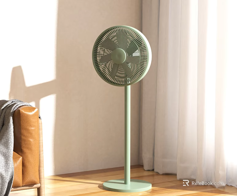Green Standing Air Cooler Fan in Modern Indoor Living Space with Natural Light 3d model 