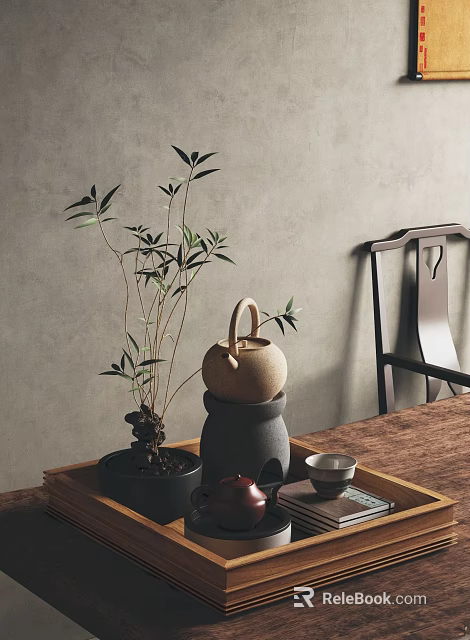 Traditional Tea Set With Teapot Teacup And Bamboo Plant On Wooden Table 3d model 