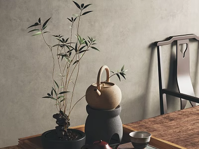 Traditional Tea Set With Teapot Teacup And Bamboo Plant On Wooden Table 3d model