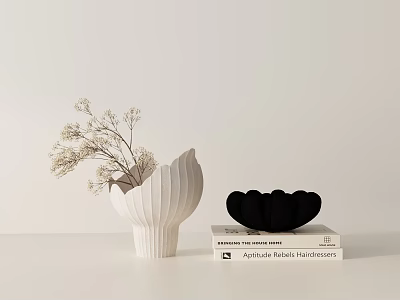 Minimalist Decorative Ornament Set With White Pleated Vase Dried Flowers And Black Wavy Decor 3d model