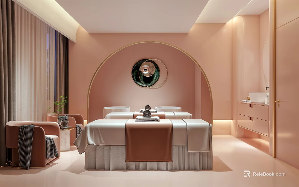 Modern Luxury SPA Room Interior With Soft Pink Lighting Round Mirror And Massage Bed 3d model 