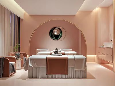 Modern Luxury SPA Room Interior With Soft Pink Lighting Round Mirror And Massage Bed 3d model