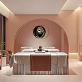 Modern Luxury SPA Room Interior With Soft Pink Lighting Round Mirror And Massage Bed