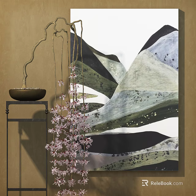 Traditional Mountain Landscape Painting With Metal Stand And Hanging Pink Flowers 3d model 