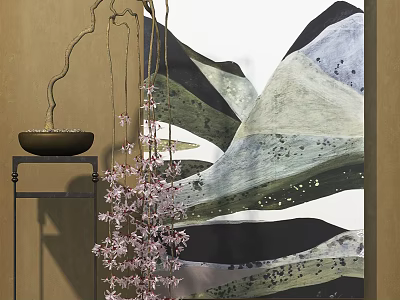 Traditional Mountain Landscape Painting With Metal Stand And Hanging Pink Flowers 3d model