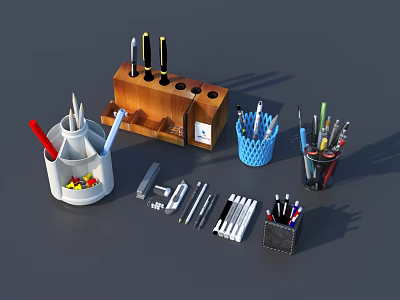 Assorted Office Stationery Set With Wooden Knife Block Pen Holders Rulers And Accessories 3d model