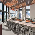 Modern Bar Interior With City View Bar Counter Stools And Pendant Lights