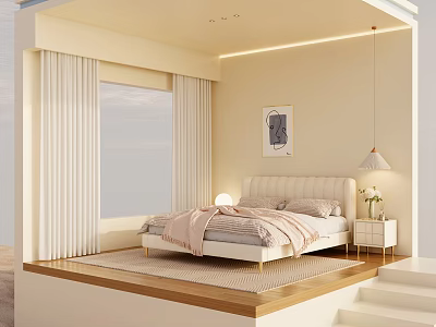 Modern Bedroom Interior Design With Platform Bed Light Curtains Rug And Pendant Light 3d model