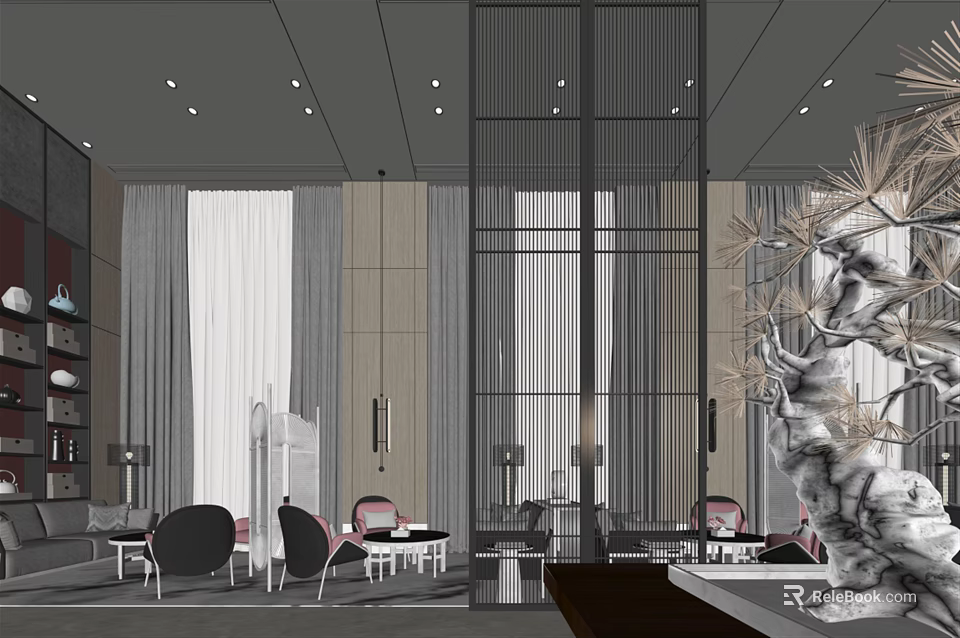 Modern Hotel Public Lounge Interior With Stylish Furniture And Decorative Pine Tree 3d model 