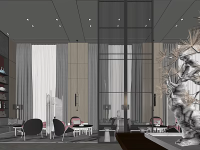 Modern Hotel Public Lounge Interior With Stylish Furniture And Decorative Pine Tree 3d model