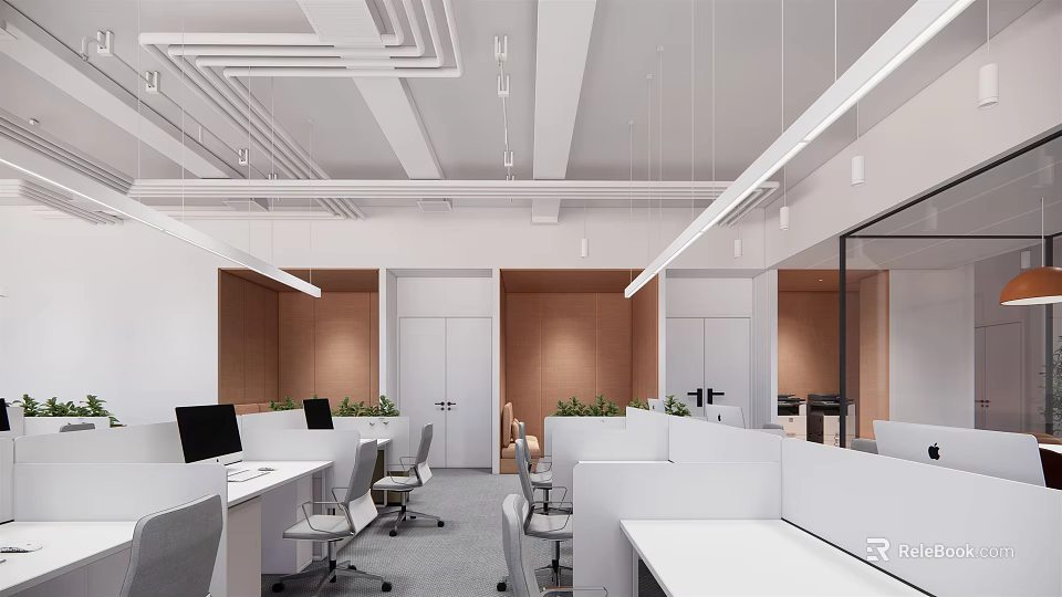 Modern Public Office Space Design With Open Layout Workstations Pendant Lights And Green Plants 3d model 