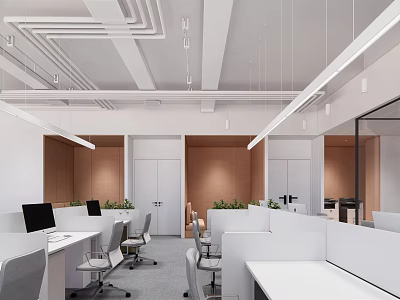 Modern Public Office Space Design With Open Layout Workstations Pendant Lights And Green Plants 3d model