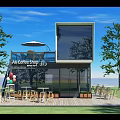 Container Cafe With Outdoor Wooden Deck Seating Umbrella And Green Plants On Lawn