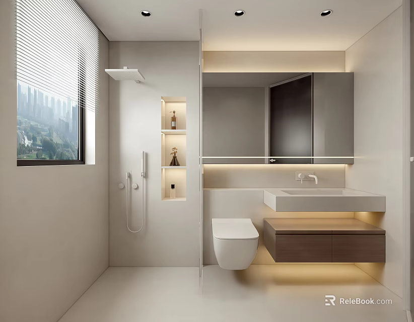Modern Bathroom Interior Design With Wall-Mounted Toilet Vanity Sink LED Lit Mirror And Shower Area 3d model 